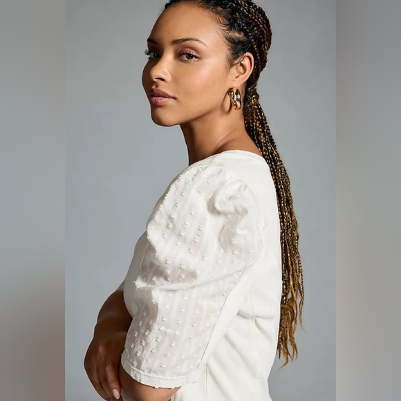 By Anthropologie Puff-Sleeve Structured V-Neck Tee Blouse Top in White Size LG - Picture 3 of 12